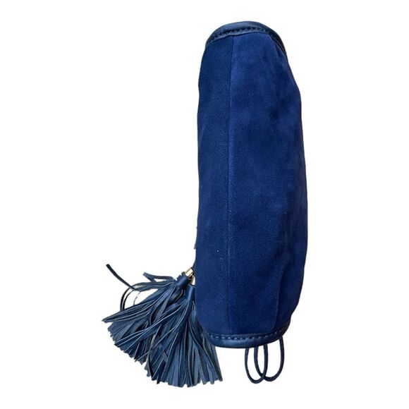 Juicy Couture Navy Blue Suede Clutch - Magnetic Closure - Leather Trim & Tassels - Picture 5 of 8